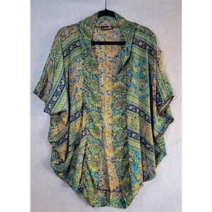 D'ANTUNES Duster Kimono CoverUp Teal Navy Gold Festival Cardigan Artsy Boho Silk
